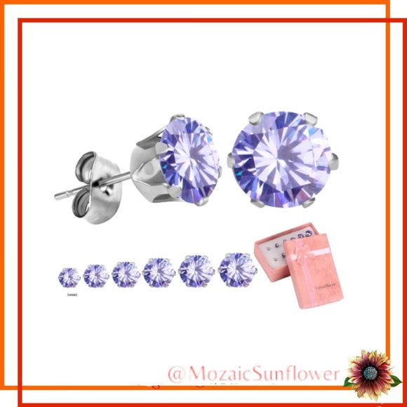 6 PC SET Lavender Faceted Round Cut STAINLESS STEEL 3 SIZES Earrings (NWT) - Picture 1 of 4